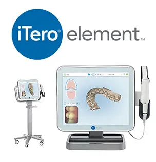 iTero Element digital dental scanner system with intraoral camera and monitor displaying tooth scan images.