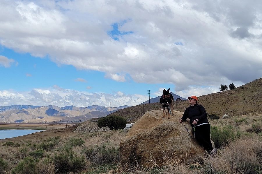 People hiking on desert hillside with mountains and lake in background.