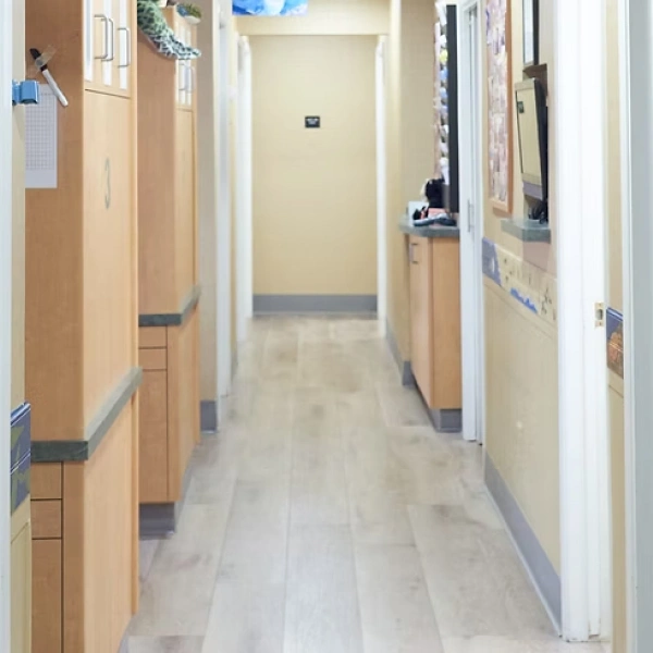 Clean pediatric dental office hallway with wooden cabinets and cream walls.
