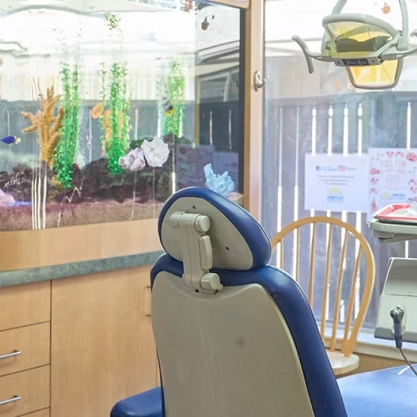 Pediatric dental operatory with blue chair, aquarium, and treatment area visible in background.