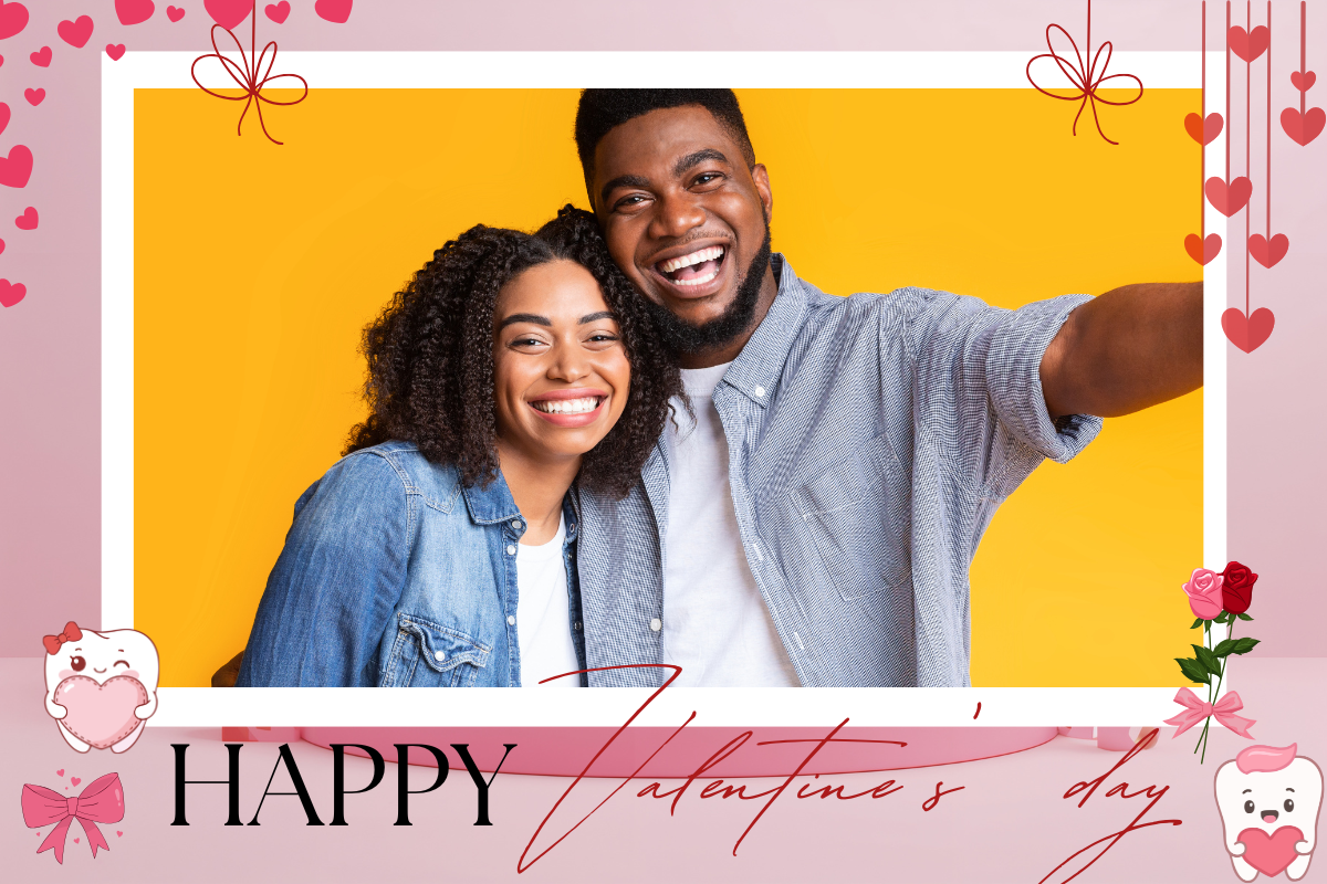 Happy couple smiling together against yellow background with Valentine's Day themed pink border frame.